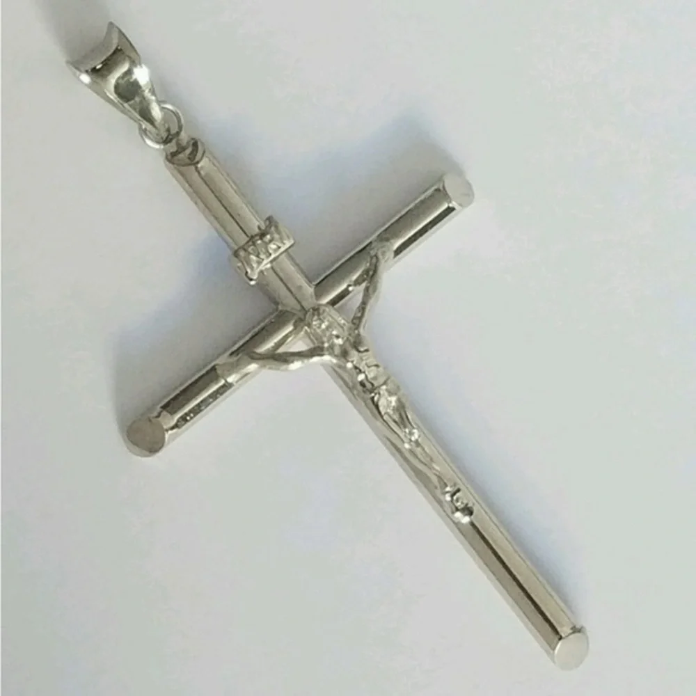 Real 14k white Gold Jesus Crucifix Cross Pendant 2 inch long